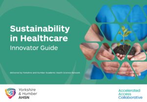 Sustainability guide for innovators cover image, green background with a hand holding a plant.